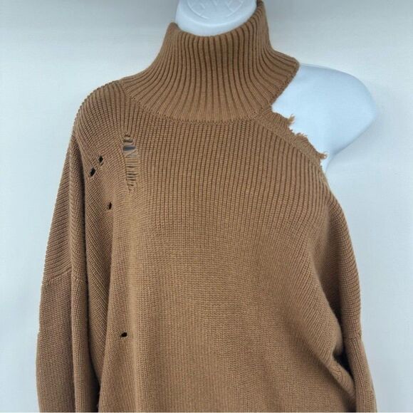Revolve Lovers + Friends Camel Arlington One Shoulder Distressed Sweater Medium - Picture 6 of 13